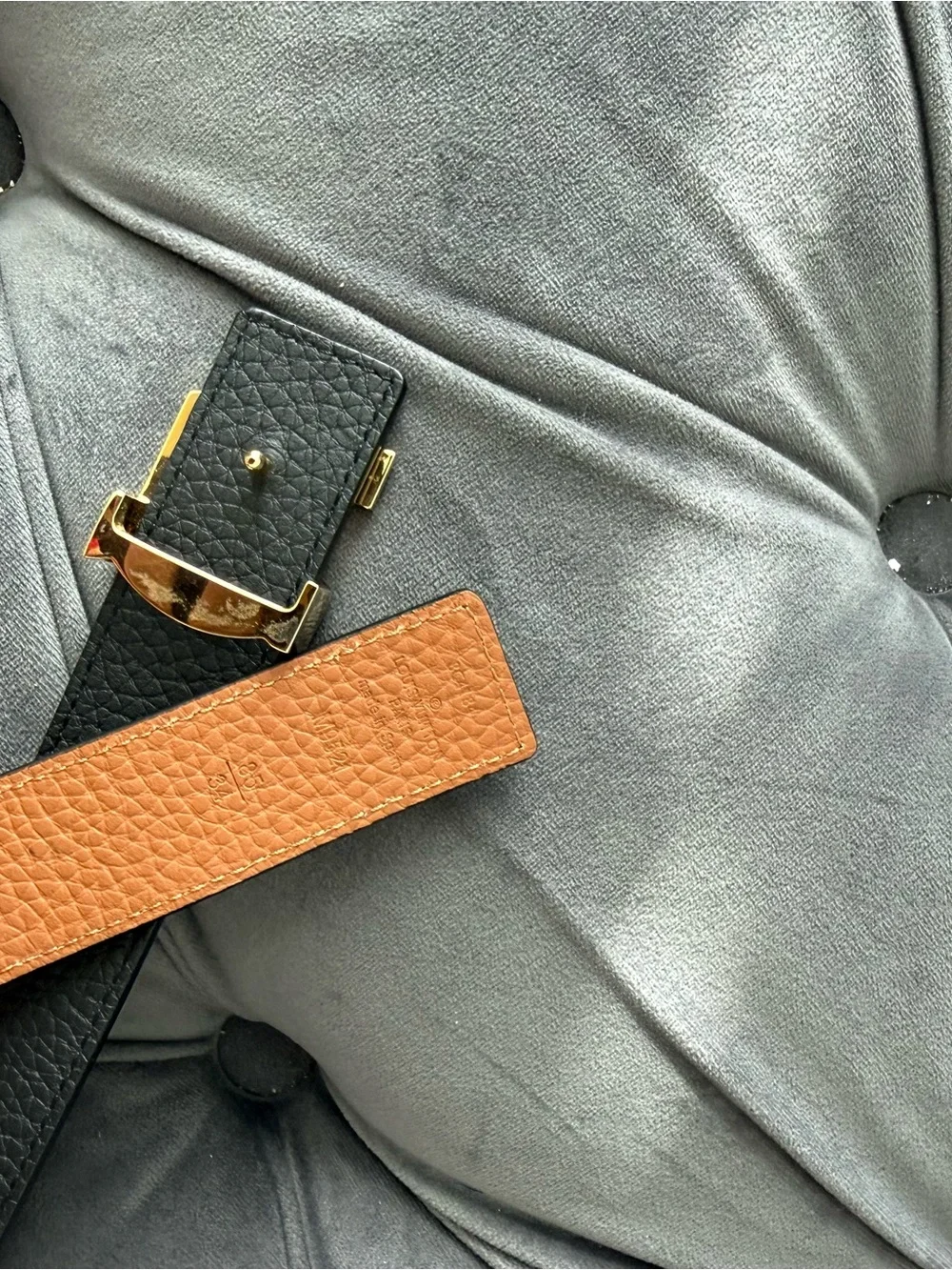 Louis Vuitton Black and Tan Reversible Belt with Gold LV Buckle